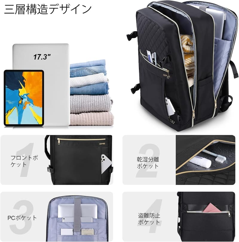 大容量40Lビジネスリュック バックパック レディース・メンズ用 USBケーブル付き 防水・盗難防止・耐衝撃 3WAY 通勤・旅行用