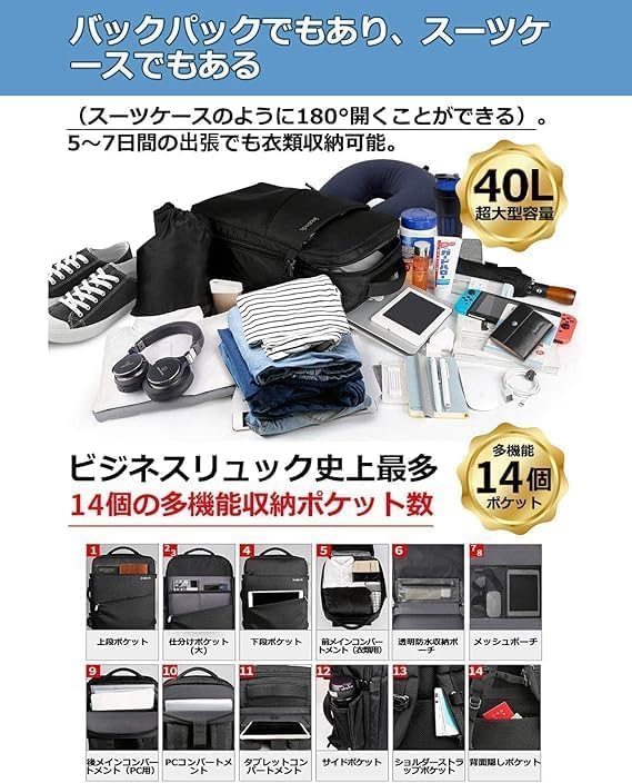 40L大容量3way旅行リュック - 軽量・撥水加工・盗難防止・15.6-17インチPC対応 男女兼用