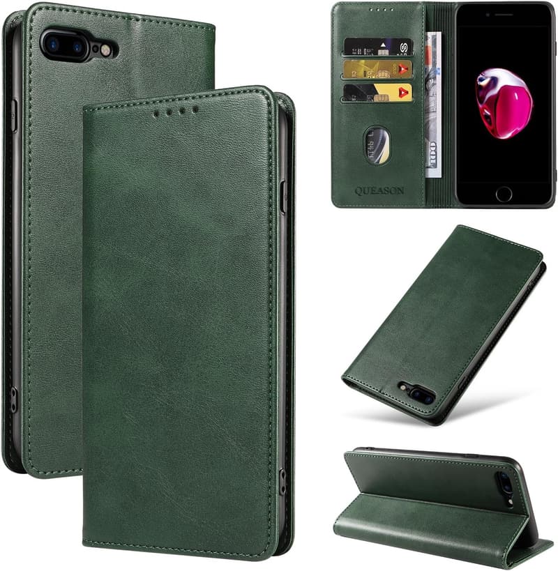 iPhone 7 Plus/8 Plus 互換手帳型スマホケース - スタンド機能・カード収納・マグネット式・耐衝撃・全面保護 (グリーン)