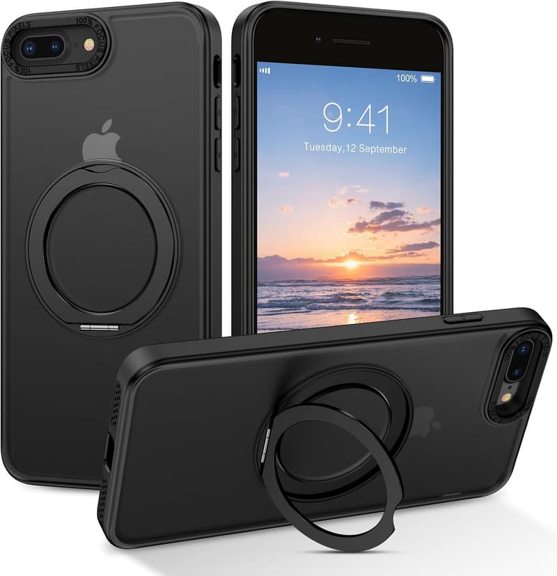 iPhone 8 Plus/7 Plus用 360°回転スタンド付き耐衝撃ケース 半透明 ブラック