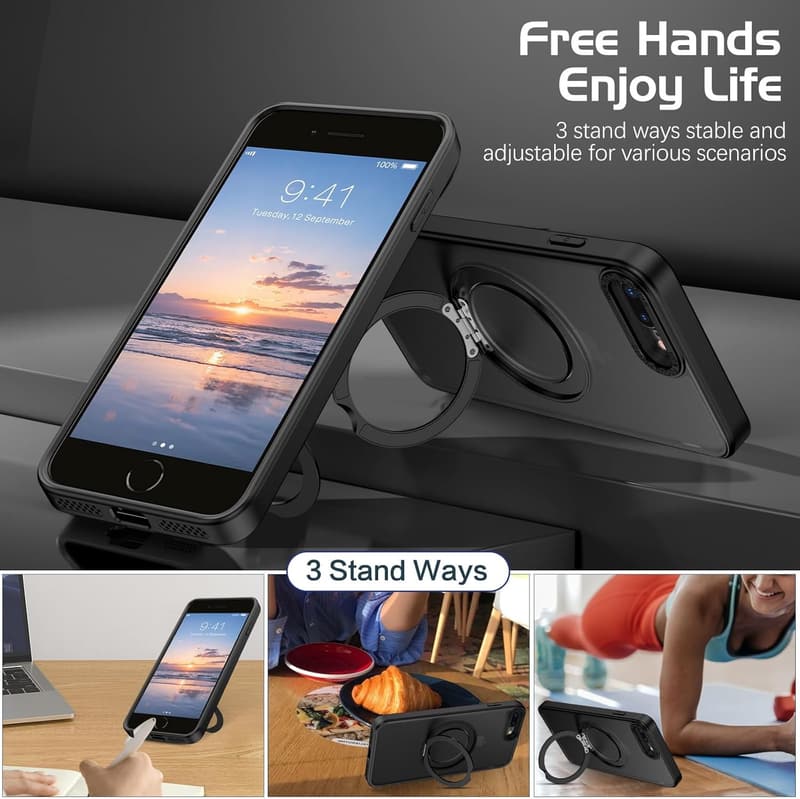 iPhone 8 Plus/7 Plus用 360°回転スタンド付き耐衝撃ケース 半透明 ブラック