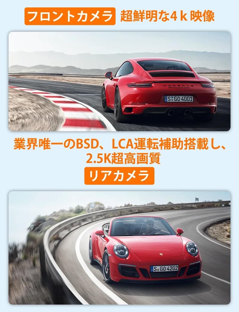 【4Kミラー型ドライブレコーダー】 BSD補助・128大容量カード付・音声制御・IMX415センサー搭載