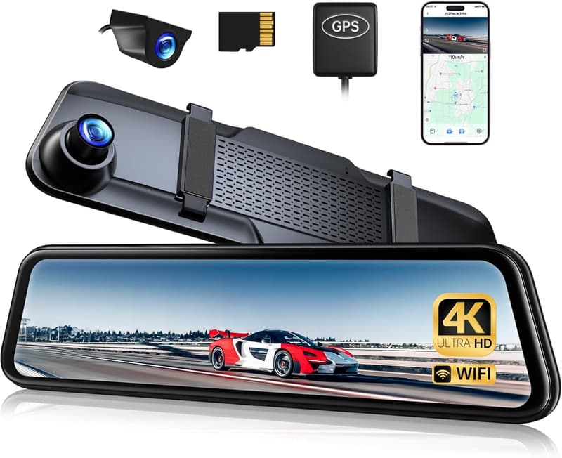 4K前後カメラ搭載ミラー型ドライブレコーダー【2025新モデル・GPS・WIFI・タッチ式】12インチ・高感度センサー・駐車監視・64GBメモリカード付属