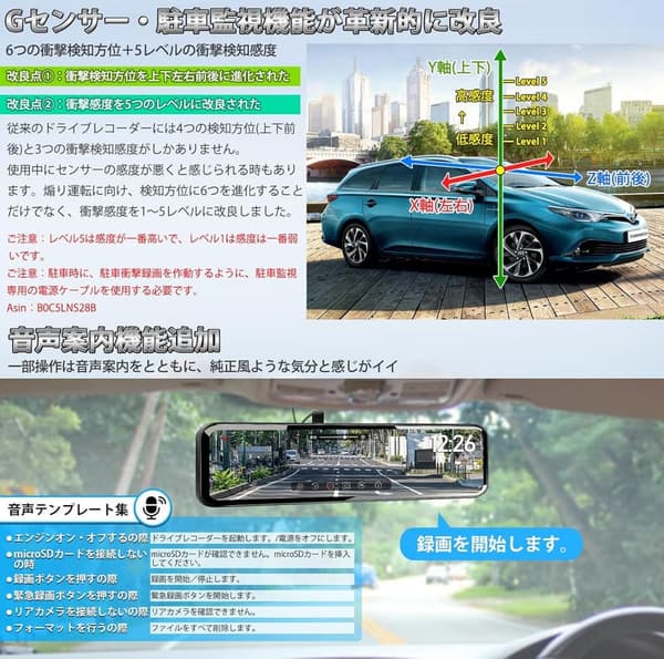 前後カメラ搭載ミラー型ドライブレコーダー 12インチ フルHD1080P 駐車監視機能付【64GBカード付】
