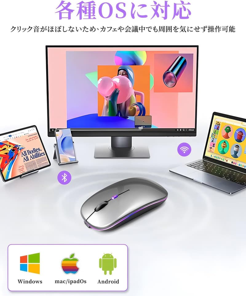 ワイヤレス薄型マウス 静音タイプ Type-C充電式 7色LEDライト付き 省エネ 3段階DPI切替 Mac/Windows対応