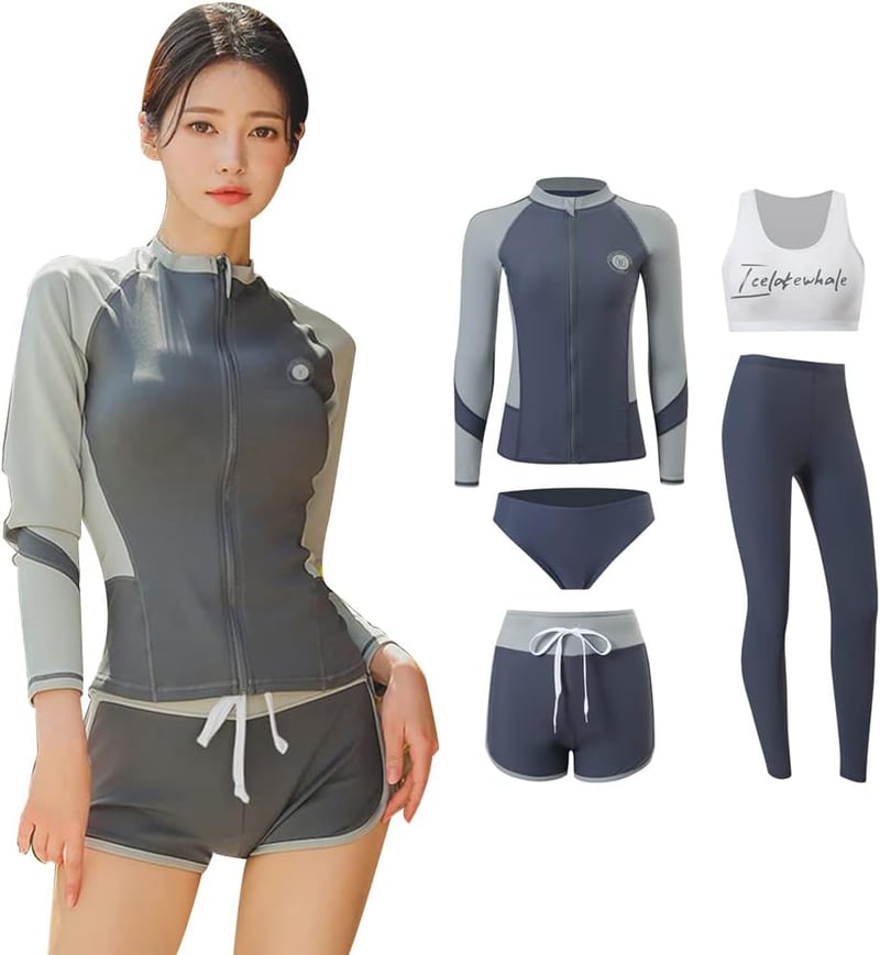 UVカット長袖ラッシュガード レディース 5点セット 水着 セパレート スイミング フィットネス