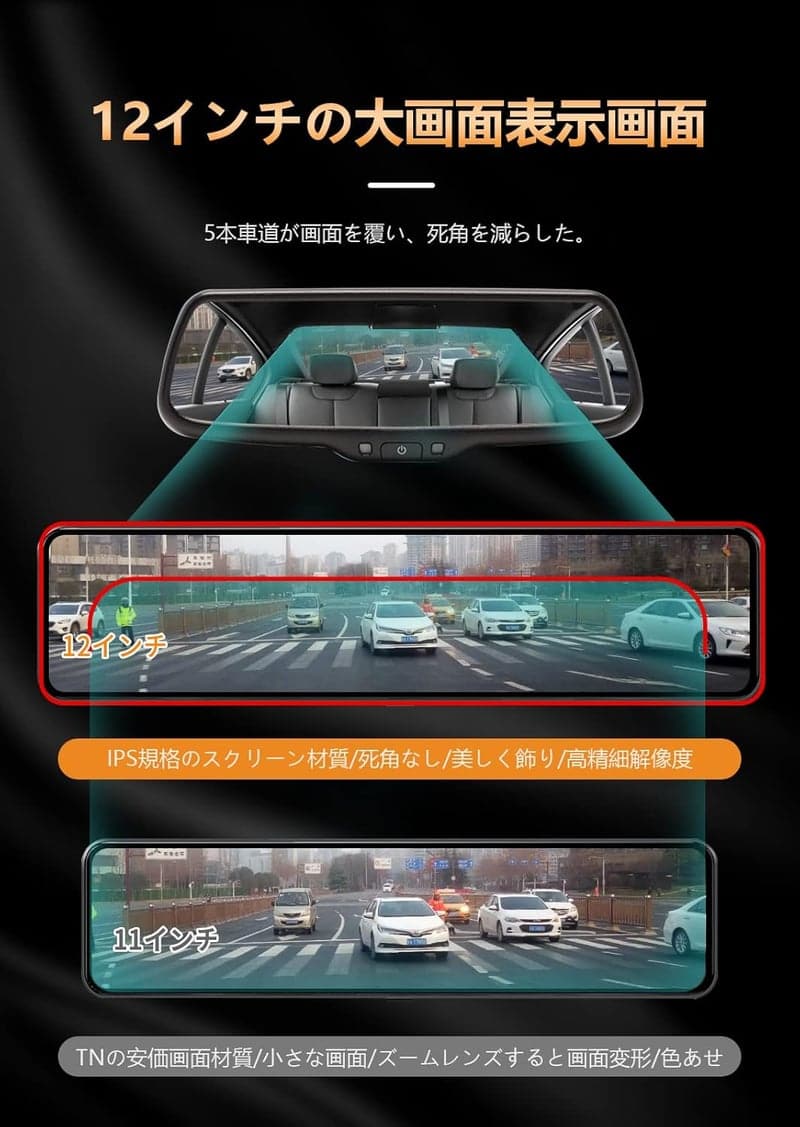 JADO ミラー型ドライブレコーダー 4K録画 12インチ 前後カメラ 夜間撮影 駐車監視付き 64GBカード付