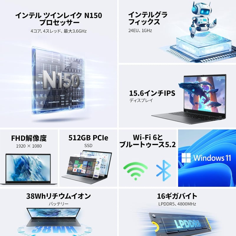 CHUWI GemiBook Plus 15.6インチ FHD ノートパソコン (Windows 11、16GB RAM、512GB SSD)