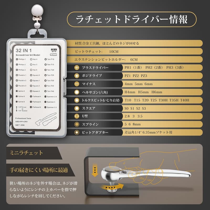オフセットラチェットドライバーセット 32本組 1/4インチ 六角・トルクス・ポジドライブ