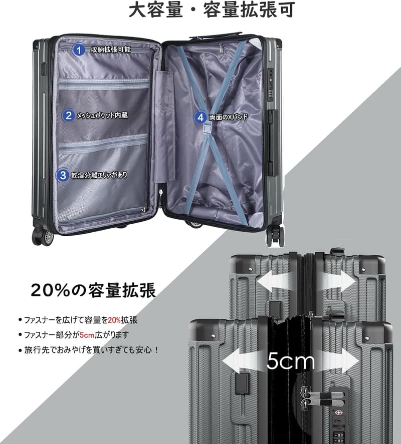 拡張機能付き超軽量キャリーケース（TSAロック・USBポート搭載・Sサイズ・グレー）