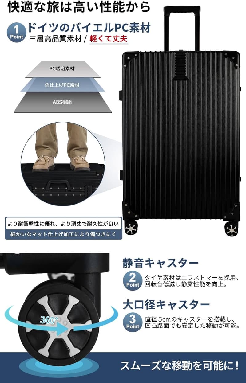 大型スーツケース 旅行用品 TSAロック搭載 超軽量 61L ブラック