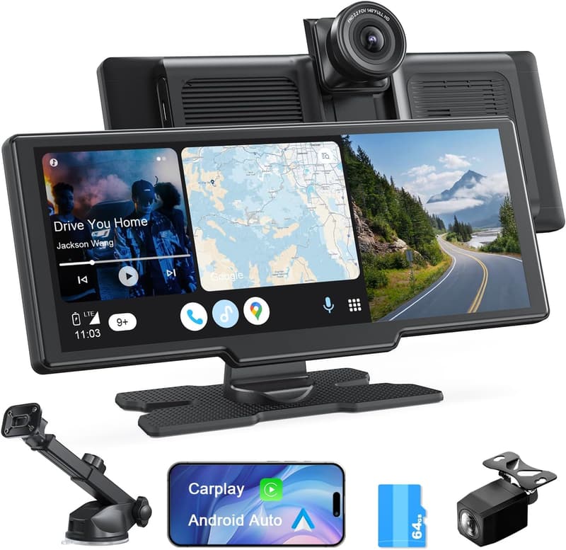 ポータブルカーオーディオ 9.26インチ 4Kフロントカメラ・1080Pリアカメラ搭載 CarPlay/Android Auto対応 録画機能付き 64GBカード含む 2年保証