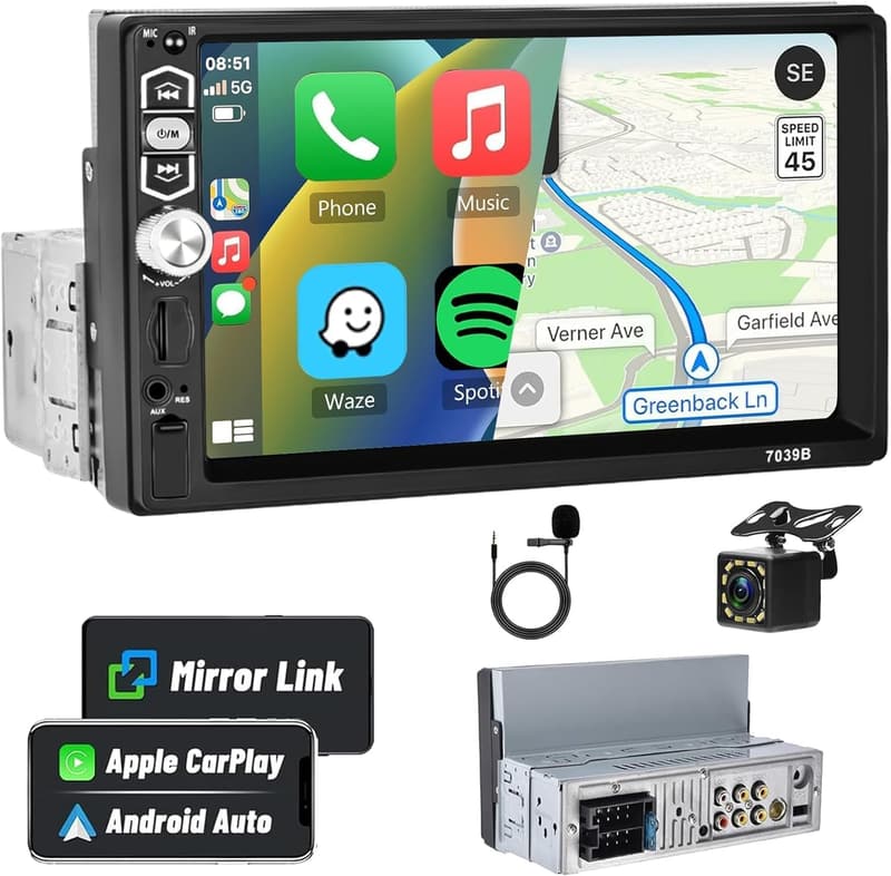 7インチタッチスクリーン CarPlay/Android Auto対応1DINカーステレオ Bluetooth 5.1, USB/TFポート, FMラジオ, リアビューカメラ付き