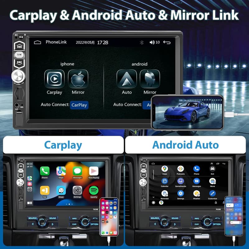 7インチタッチスクリーン CarPlay/Android Auto対応1DINカーステレオ Bluetooth 5.1, USB/TFポート, FMラジオ, リアビューカメラ付き
