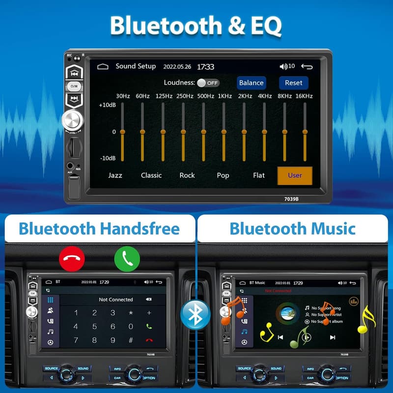 7インチタッチスクリーン CarPlay/Android Auto対応1DINカーステレオ Bluetooth 5.1, USB/TFポート, FMラジオ, リアビューカメラ付き