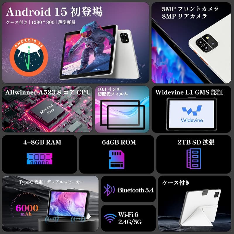 2025年新発売・10インチAndroid 15タブレット（Wi-Fiモデル、12GB+64GB、ケース付き、6000mAhバッテリー）