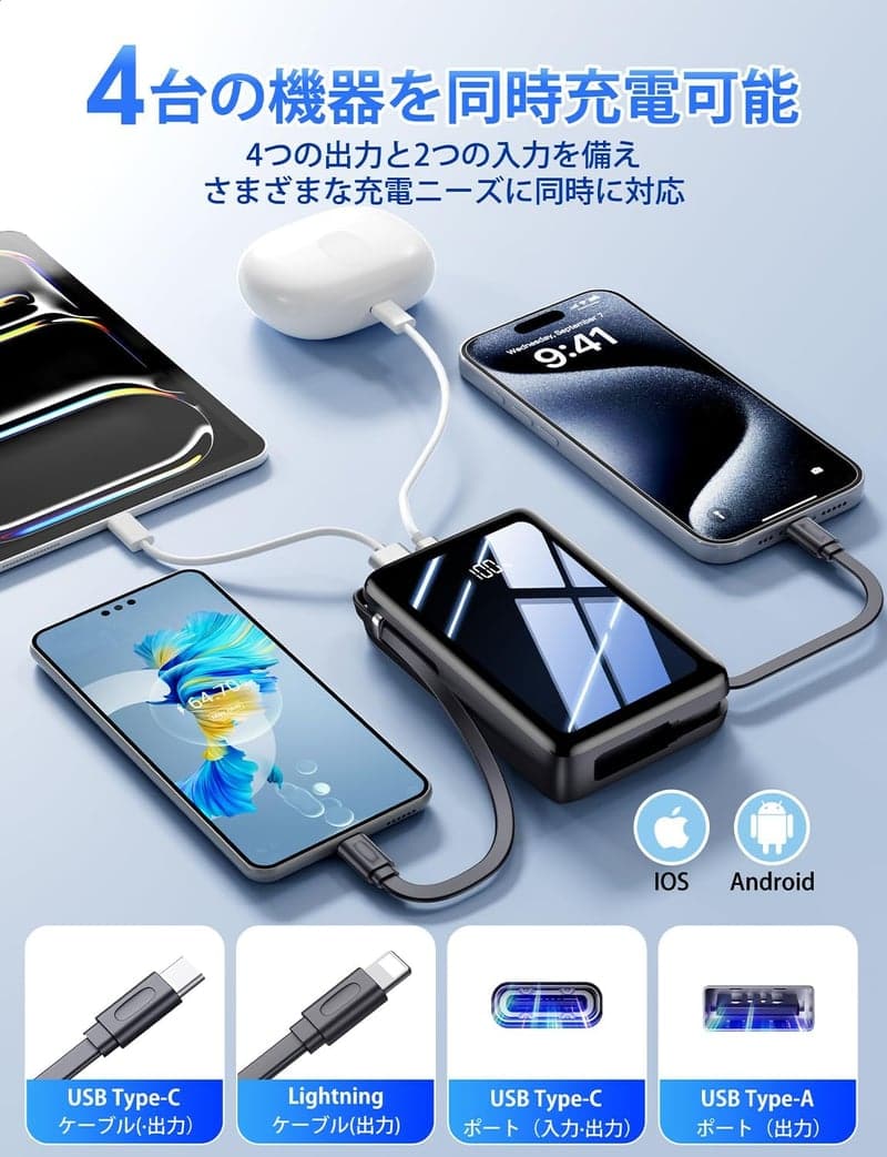 大容量モバイルバッテリー 42800mAh 4台同時充電・軽量・小型・LCD残量表示・LED照明付き・Type-C/USB-A出力・PSE認証
