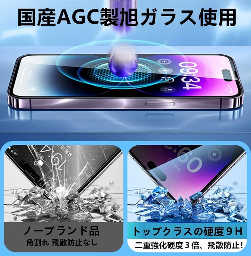iPhone15用国産AGC製ガラスフィルム 3枚セット 極薄9H 気泡なし ラウンドエッジ