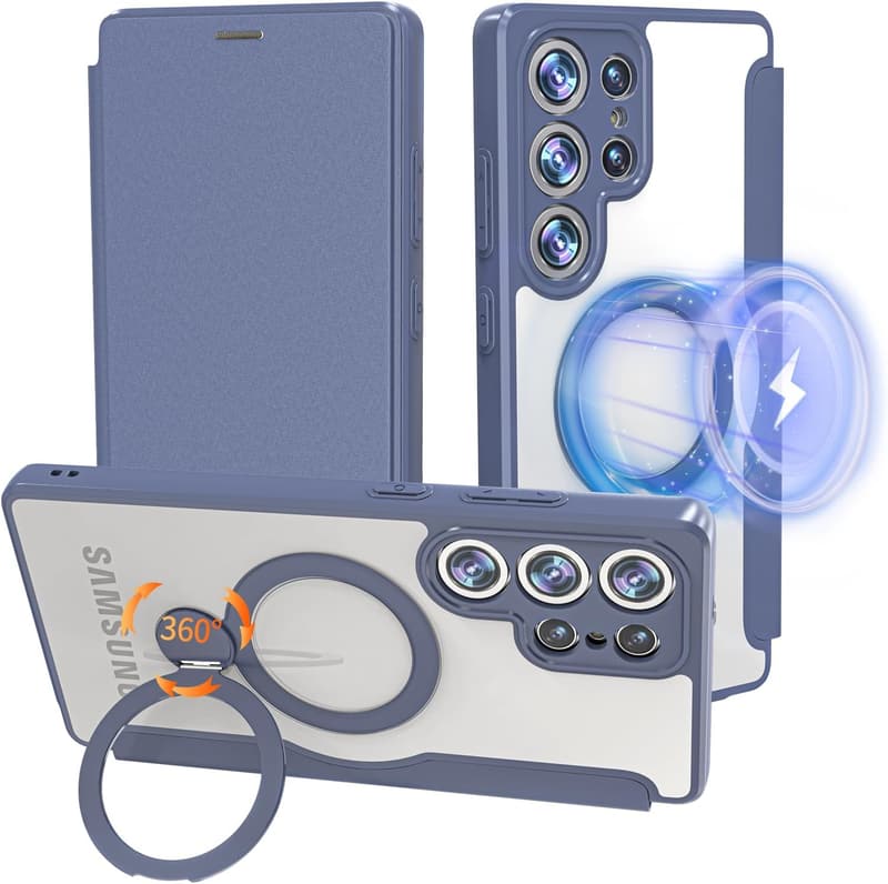 【Galaxy S25 Ultra用 360°回転スタンド手帳型 ケース - 耐衝撃クリアレザー、カード収納、MagSafe対応】
