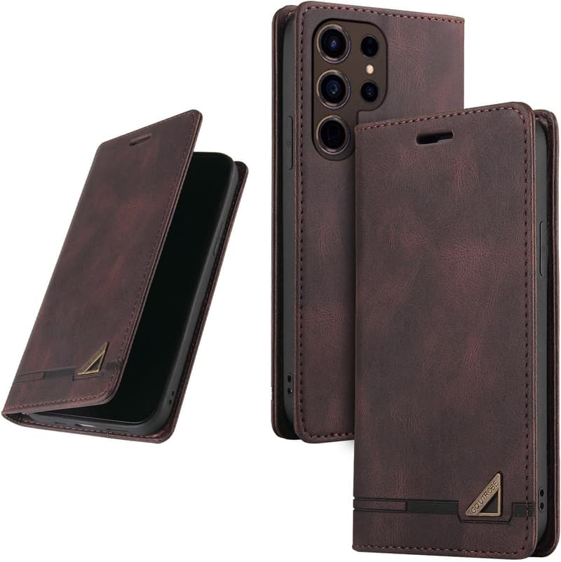 UnivoColors Galaxy S25 Ultra 手帳型高級ケース スタンド機能・カード収納・衝撃吸収 (ブラウン)