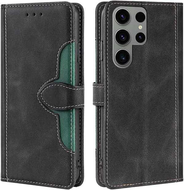 Galaxy S25 Ultra 手帳型ケース 高級PUレザー ブラック 2枚カード収納 マグネット 耐衝撃 ハンドメイド