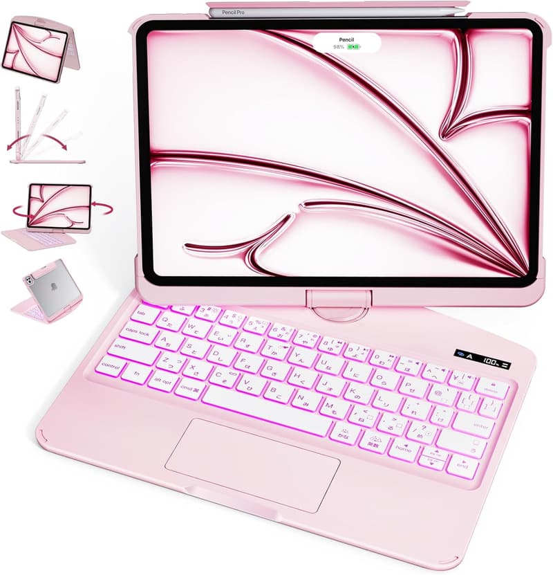 iPad Air 11インチ用360度回転式キーボードケース（JIS配列、7色バックライト付き）