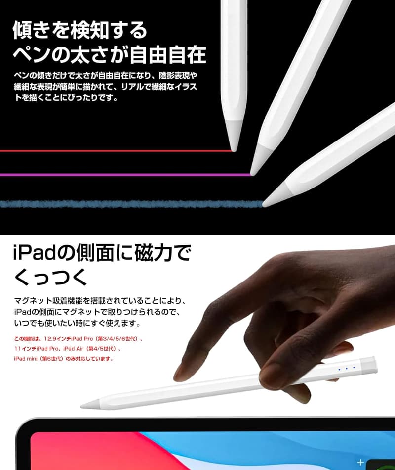 iPad 2025モデル対応 タッチペン Type-C充電式 超高精度 パームリジェクション機能 ホワイト S13