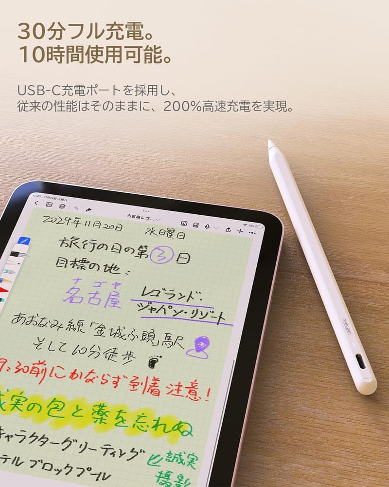 iPad用極細スタイラスペン（Metapen A8）| 磁気吸着・傾き感知機能・Type-C急速充電対応