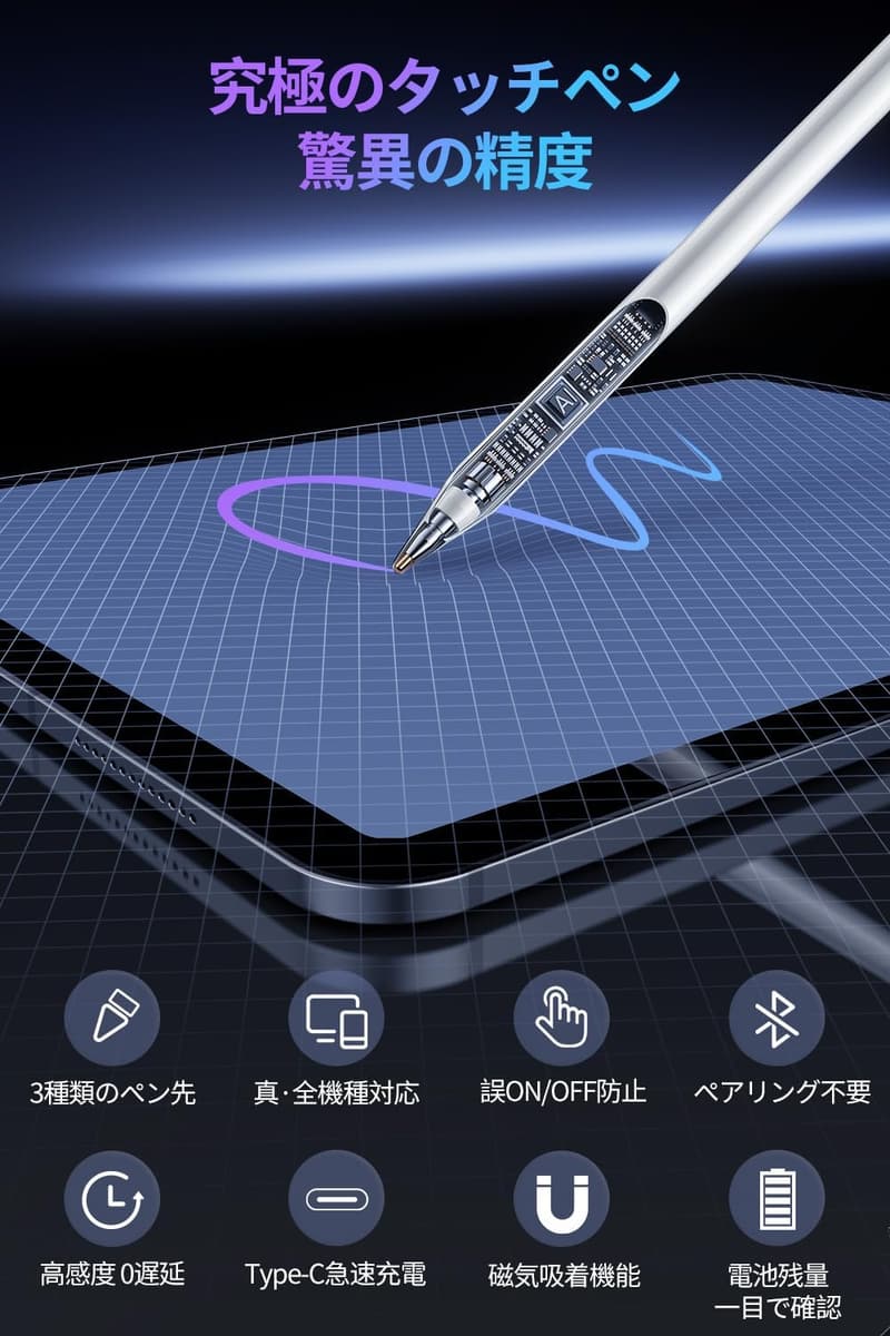 全機種対応 2in1 スタイラスペン - Apple Pencil互換 | 精度高いタッチペン | USB急速充電対応 | 軽量・耐久性 | 誕生日・クリスマスギフトに最適