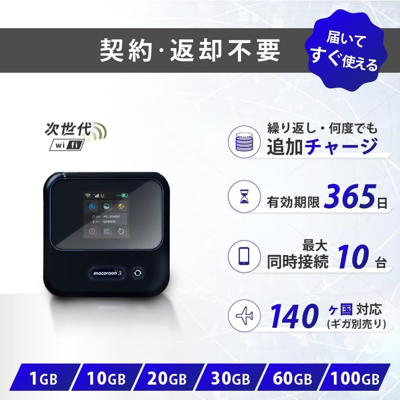 100GBプラン付きモバイルWiFiルーター 契約不要・即日利用可・プリペイドタイプ
