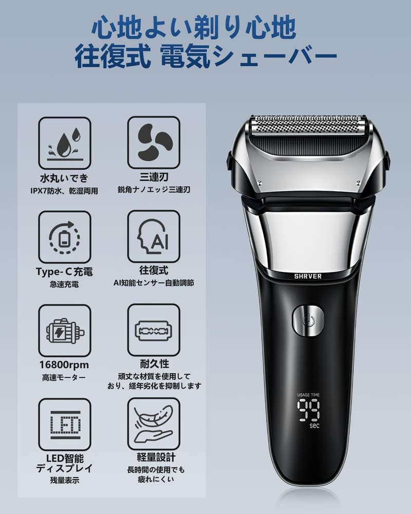 父の日 メンズ 電動シェーバー Type-C充電式 IPX7防水 深剃り ヒゲトリマー 高耐久