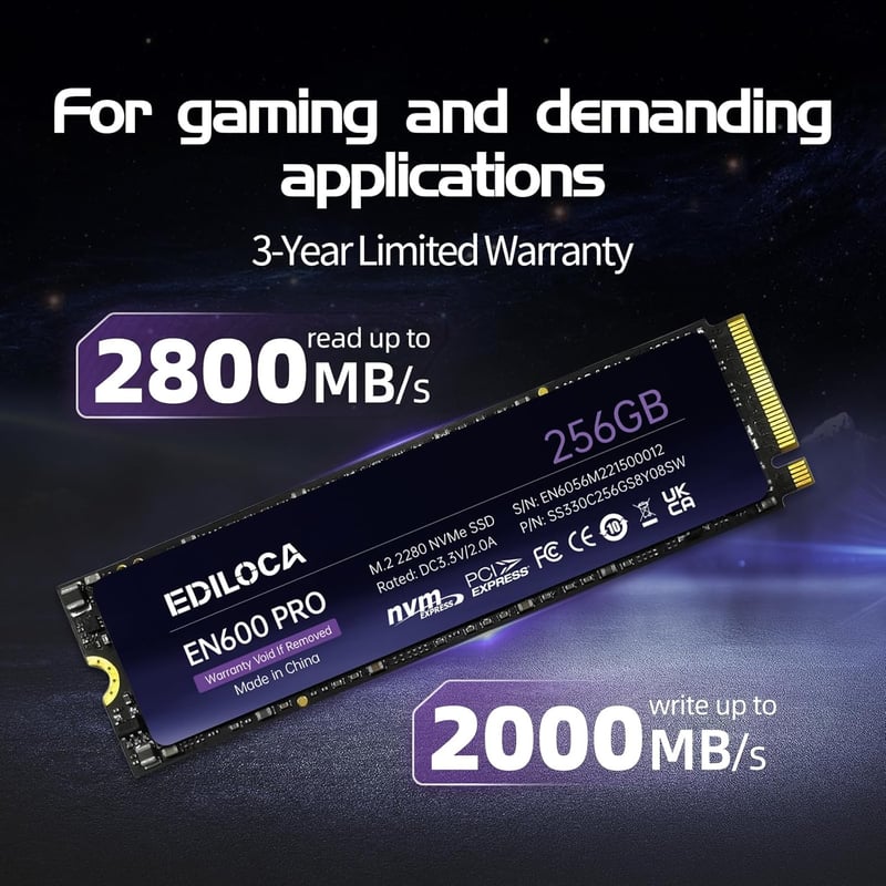 Ediloca EN600 PRO 256GB NVMe M.2 SSD - 最大2800MB/s読み込み・2000MB/s書き込み、3D NAND、グラフェン冷却、3年保証