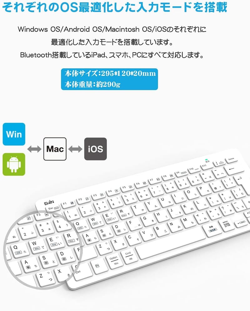 ワイヤレス静音薄型キーボード 日本語入力対応 コンパクト (ホワイト)