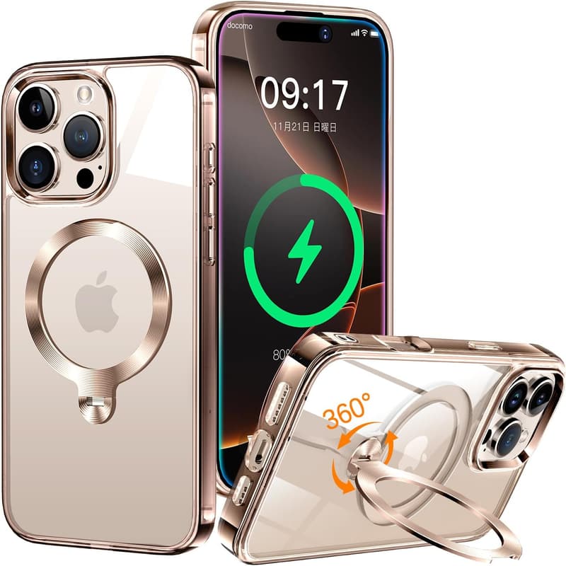 iPhone 16 Pro 用 360°回転スタンド付きクリアケース（Magsafe対応） 黄変防止・耐衝撃・米軍MIL規格取得