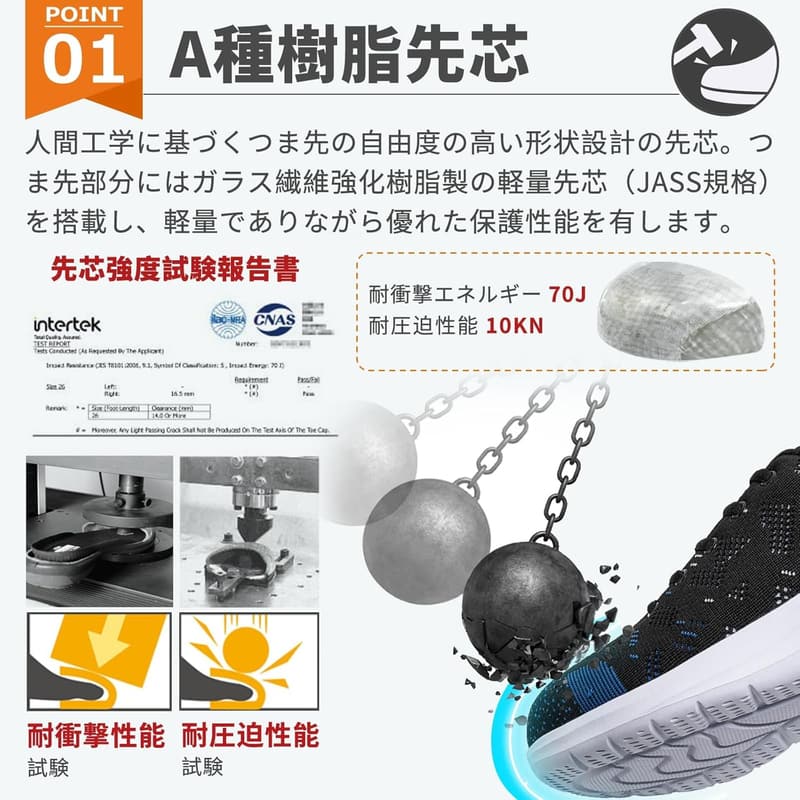 メンズ・レディース兼用 樹脂先芯安全靴 通気性・耐滑性・釘踏み抜き防止 ワークシューズ