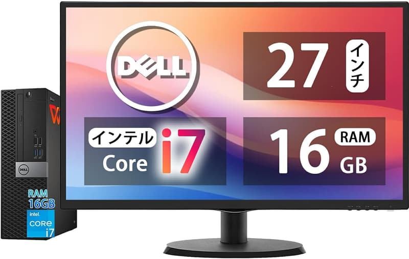 整備済みデスクトップパソコンセット - Intel Core i7、27インチフルHD液晶、16GB RAM、512GB SSD、Windows 11 Pro付属