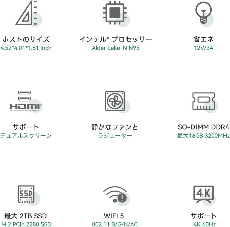 インテルミニPC 2023年モデル Alder Lake-N N95（4C/4T、最大3.4GHz）16GB DDR4・500GB M.2 NVME SSD・4K@60Hz・静音・省電力