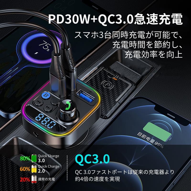 Bluetooth5.3 FMトランスミッター 車載充電器 PD 30W+QC3.0急速充電 ハンズフリー通話対応 12V-24V車用 LEDディスプレイ 日本語説明書付き