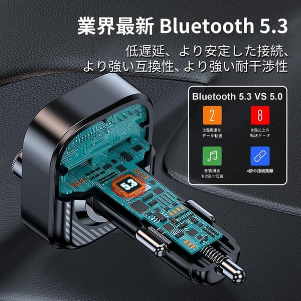 Bluetooth5.3 FMトランスミッター 車載充電器 PD 30W+QC3.0急速充電 ハンズフリー通話対応 12V-24V車用 LEDディスプレイ 日本語説明書付き