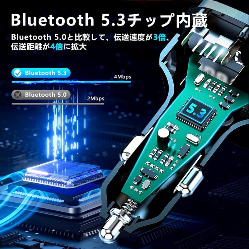 Bluetooth5.3搭載 FMトランスミッター 車載充電器 急速充電 PD30W 12-24V対応 日本周波数仕様