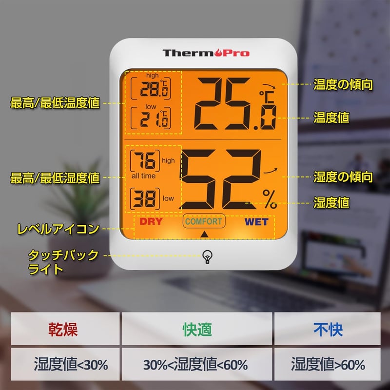 温湿度計デジタル2パック - LCDバックライト付き最高最低温湿度値表示