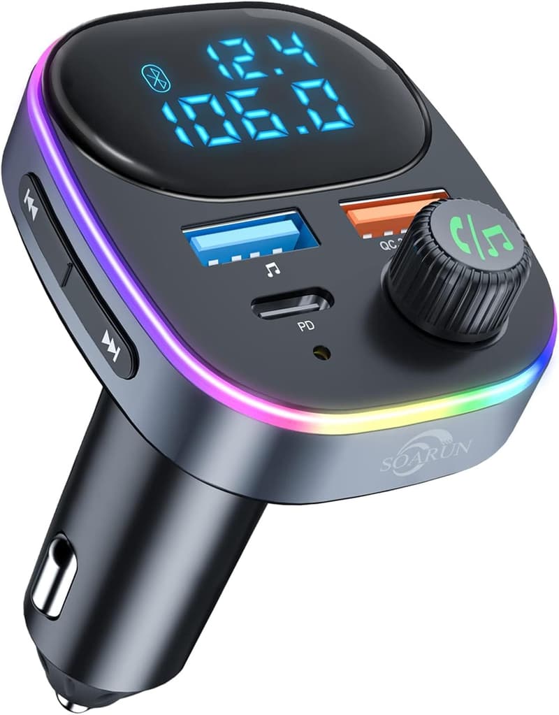 Bluetooth5.3対応 車載充電器 FMトランスミッター QC3.0急速充電 USB×2/Type-C×1 3台同時充電 ハンズフリー通話 LEDディスプレイ付き
