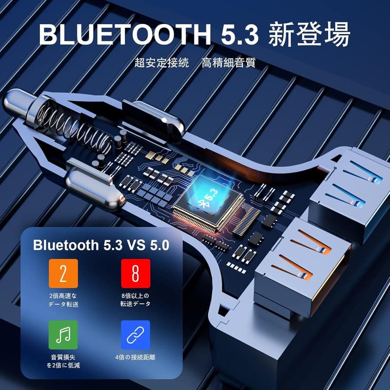Bluetooth5.3対応 車載充電器 FMトランスミッター QC3.0急速充電 USB×2/Type-C×1 3台同時充電 ハンズフリー通話 LEDディスプレイ付き