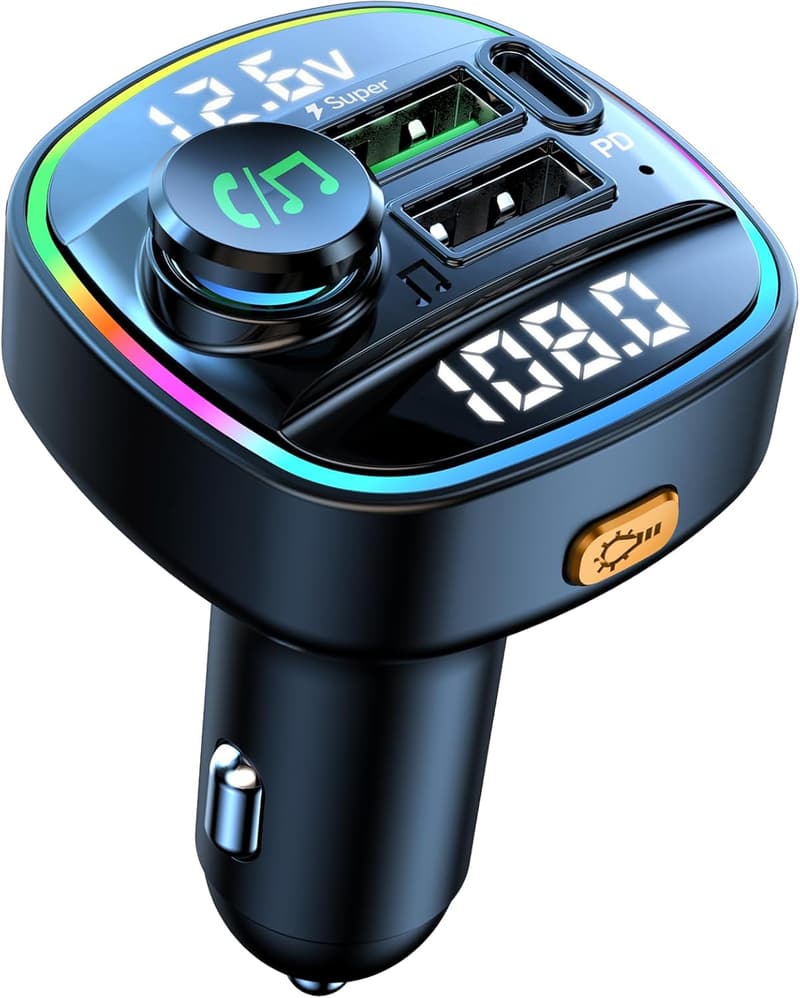 Bluetooth 5.0車載用QC3.0急速充電器 - ハンズフリー通話・音楽再生対応、LEDディスプレイ付き