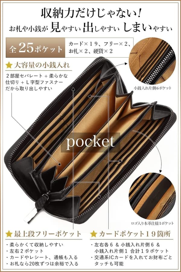 長財布 メンズ イタリアンカーボンレザー YKK製 ラウンドファスナー シャンパンゴールド