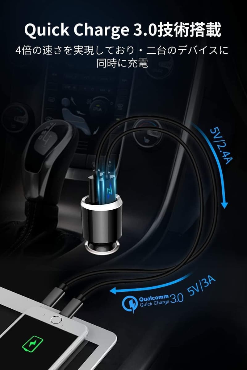 Bluetooth車用FMトランスミッター シガーソケット充電器 QC3.0急速充電対応 2USBポート