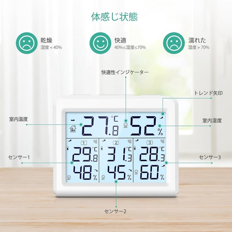 ワイヤレス温度湿度計 高精度LCD大画面 外気温度計 3つのセンサー付き 置き掛け両用 ホワイト