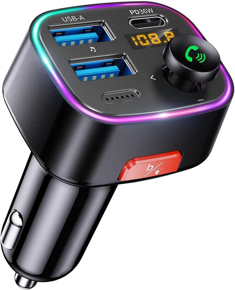 Bluetooth5.4対応 FMトランスミッター 車載充電器 36W急速充電 ハンズフリー通話 LEDディスプレイ 12V-24V車対応