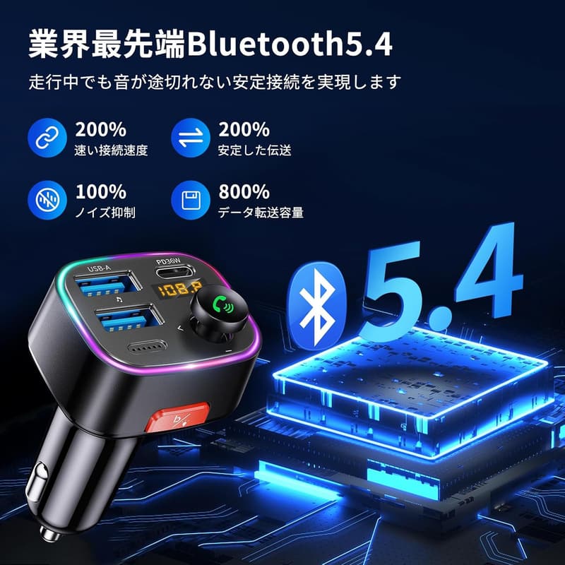 Bluetooth5.4対応 FMトランスミッター 車載充電器 36W急速充電 ハンズフリー通話 LEDディスプレイ 12V-24V車対応