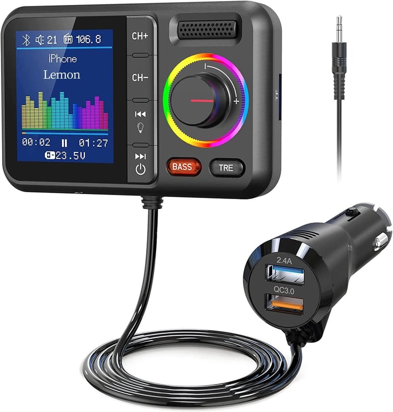 Bluetooth5.0対応 車載トランスミッター QC3.0急速充電 2USBポート ハンズフリー通話 12V-24V車両対応